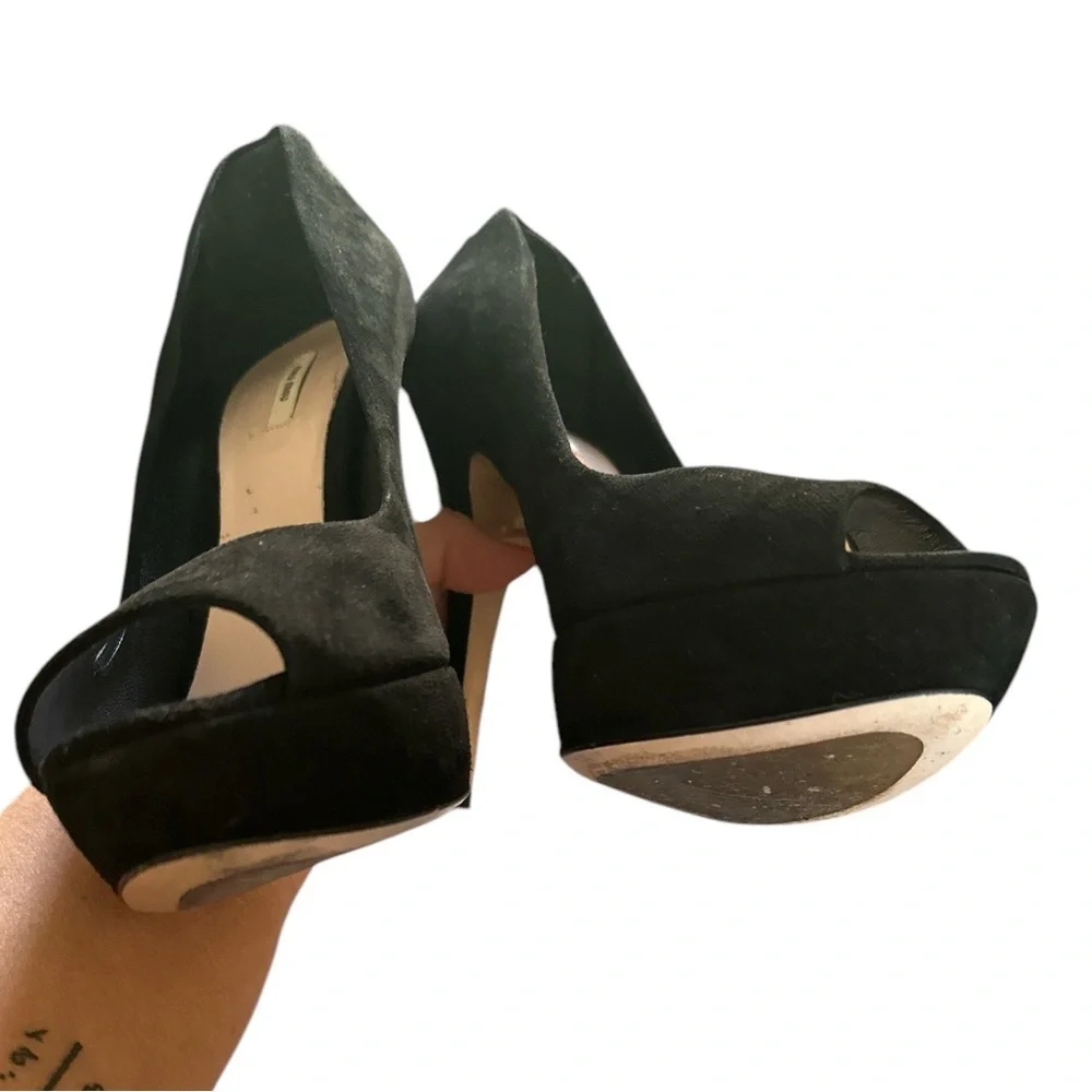 MIU MIU Elegant Black Peep-Toe Suede Stiletto Platform Heels 38.5